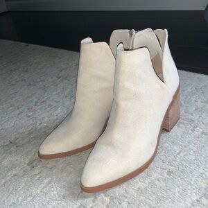 Gently used, chunky heeled bootie, light beige.